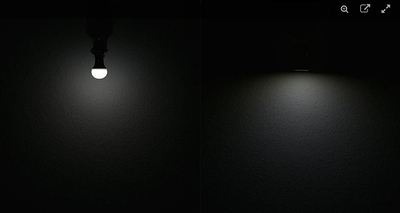 Vergleichsbild einer LED-Lampe mit und ohne Diffusor.