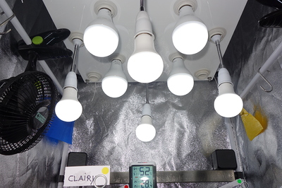 Ein Zelt mit mehreren LED-Lampen, einem Ventilator und einem Hygrometer.