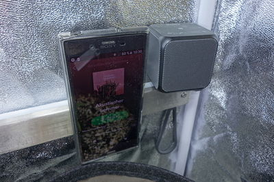 Ein Smartphone zeigt die Spotify-App mit dem Album "Akustischer Sommer" und daneben ein kleiner Bluetooth-Lautsprecher.