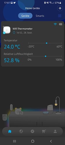Screenshot einer Govee Home App, die die Temperatur auf 24.0°C und die relative Luftfeuchtigkeit auf 52.8% anzeigt.
