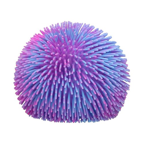 Ein bunter, stacheliger Gummiball in Lila und Blau auf weißem Hintergrund.