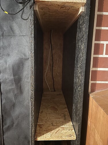 Ein leerer Schrank mit OSB-Platten und Kabeln, der für den Anbau vorbereitet wird.
