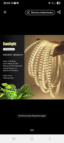 Eine aufgerollte LED-Lichtleiste mit der Aufschrift "Sunlight Full Spectrum" und technischen Details wie Leistung, Spannung und Wasserdichtigkeit.