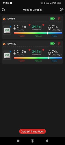 Screenshot einer App, die die Umgebungsdaten für zwei Growboxen (120x60 und 120x120) anzeigt. Die Daten umfassen Temperatur, Wärme-Index und Luftfeuchtigkeit.