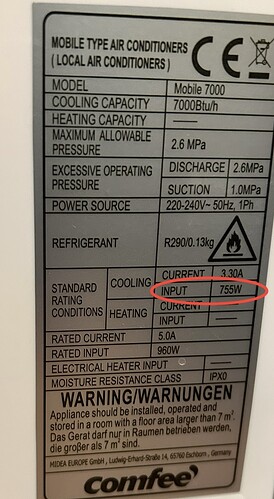 Typenschild einer mobilen Klimaanlage der Marke Comfee mit technischen Daten.