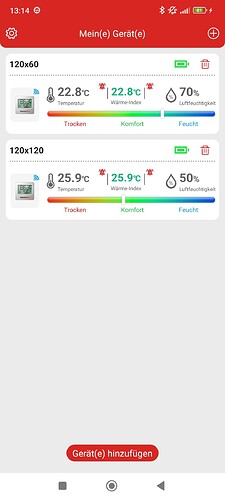 Screenshot einer App, die Klimadaten für zwei Growboxen anzeigt. Die obere Box (120x60) hat 22.8°C Temperatur und 70% Luftfeuchtigkeit. Die untere Box (120x120) hat 25.9°C Temperatur und 50% Luftfeuchtigkeit.
