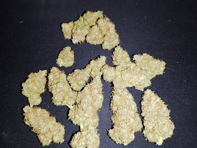 Mehrere getrocknete Cannabis-Buds liegen auf einem dunklen Untergrund.