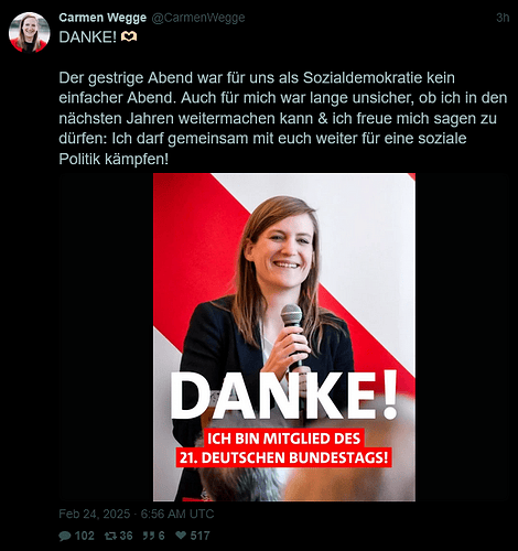 Screenshot 2025-02-24 at 11-39-35 Carmen Wegge (@CarmenWegge) DANKE! 🫶🏼 Der gestrige Abend war für uns als Sozialdemokratie kein einfacher Abend. Auch für mich war lange unsicher ob ich in den nächsten Jahren weitermachen ka...