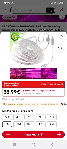 Eine aufgerollte LED-Wachstumslichtleiste mit einem Netzteil und einem Schalter. Darunter sind vier kleine Bilder von Pflanzen unter LED-Licht zu sehen. Ein Angebotspreis von 33,99€ wird angezeigt.