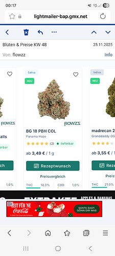 Ein Bild von Cannabis-Buds, die auf einer Webseite mit Preisinformationen und Bewertungen angezeigt werden.