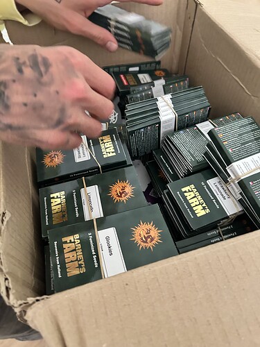 Ein Karton gefüllt mit zahlreichen Saatgut-Packungen der Marke Barney's Farm, darunter Sorten wie Strawberry Lemonade, Limoncello und Glookies.
