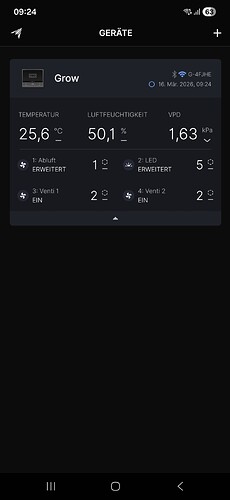 Screenshot der AC Infinity App mit Statusanzeige eines Grow-Controllers.