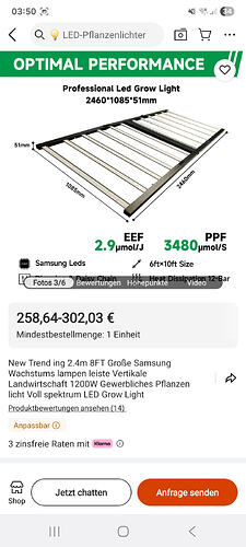 Ein professionelles LED-Pflanzenlicht mit den Maßen 2460x1085x51mm, das Samsung LEDs verwendet und eine EEF von 2.9 µmol/J sowie eine PPF von 3480 µmol/S aufweist. Es ist für eine Größe von 6ftx10ft ausgelegt und wird für die vertikale Landwirtschaft beworben.