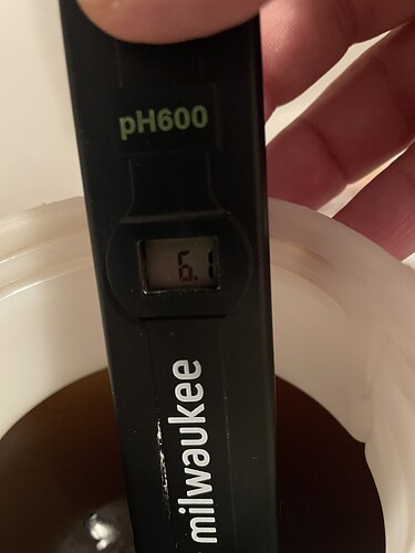 Ein pH-Messgerät von Milwaukee mit der Anzeige 6.1 wird in eine braune Flüssigkeit gehalten.