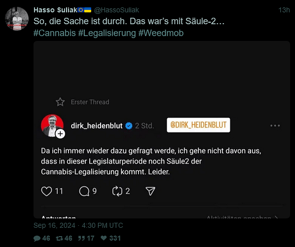 Screenshot 2024-09-17 at 08-18-07 Hasso Suliak🇪🇺🇺🇦 (@HassoSuliak) So die Sache ist durch. Das war’s mit Säule-2… #Cannabis #Legalisierung #Weedmob nitter.poast.org