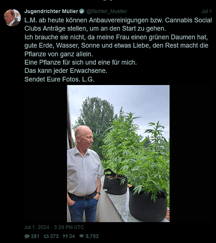 Screenshot 2024-08-07 at 19-22-40 Jugendrichter Müller (@Richter_Mueller) L.M. ab heute können Anbauvereinigungen bzw. Cannabis Social Clubs Anträge stellen um an den Start zu gehen. Ich brauche sie nicht da meine Frau einen g...