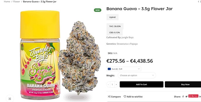 Ein Glas mit der Aufschrift "Jungle Boys Banana Guava" neben einem getrockneten Cannabis-Bud.