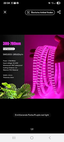Ein Bild einer aufgerollten LED-Lichtleiste mit der Aufschrift '380-780nm Full Spectrum' und technischen Details wie 'Power: 12W/Meter' und 'IP67 waterproof'.