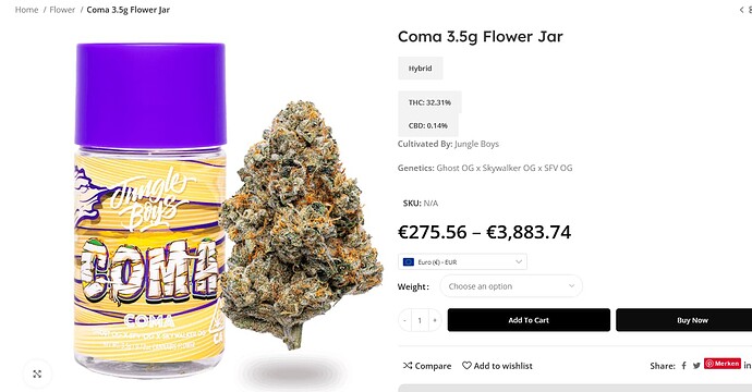 Ein Glas mit der Aufschrift "Jungle Boys COMA" und daneben eine Cannabisblüte.