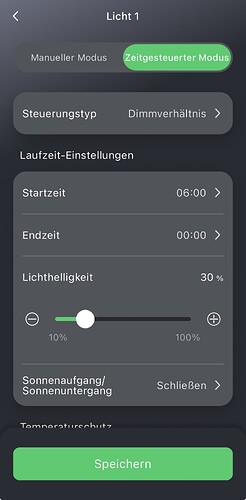 Screenshot einer App zur Steuerung von Pflanzenlampen. Die Einstellungen für 'Licht 1' sind sichtbar, wobei der 'Zeitgesteuerte Modus' aktiviert ist. Es werden Start- und Endzeit (06:00 und 00:00 Uhr), Lichthelligkeit (30%) und Sonnenaufgang/Sonnenuntergang-Einstellungen angezeigt. Ein 'Speichern'-Button ist am unteren Rand sichtbar.