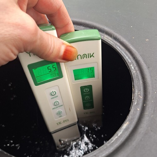Zwei digitale Messgeräte, ein pH-Meter und ein EC-Meter, werden in eine dunkle Flüssigkeit getaucht. Das pH-Meter zeigt 5.5 und 19.9°C an, das EC-Meter zeigt 1.5 und 19.1°C an. Eine Hand hält die Geräte.