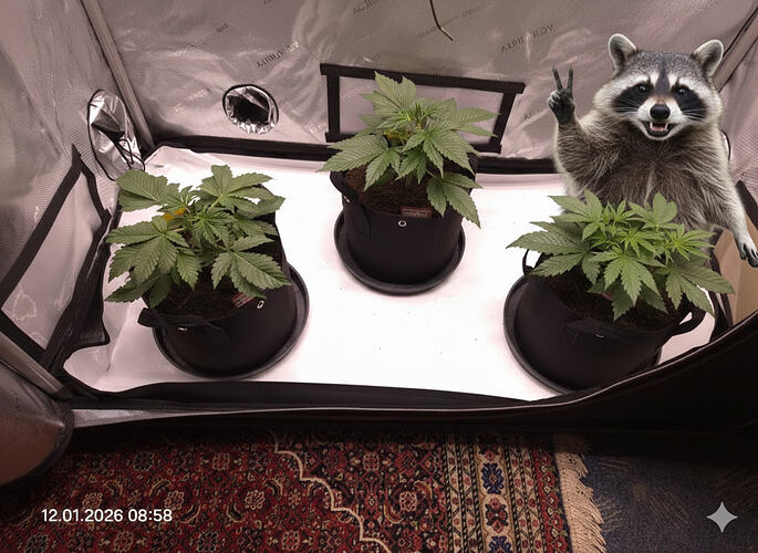 Drei junge Cannabispflanzen in Stofftöpfen in einem Growzelt, mit einem digitalen Waschbären-Sticker im Bild.