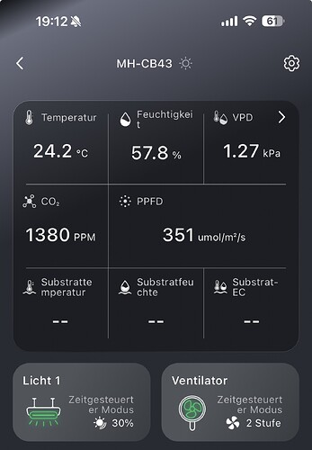 Ein Screenshot einer Growbox-Steuerungs-App zeigt Messwerte für Temperatur, Luftfeuchtigkeit, VPD, CO2, PPFD und Substratparameter. Unten sind Einstellungen für Licht und Ventilator zu sehen.