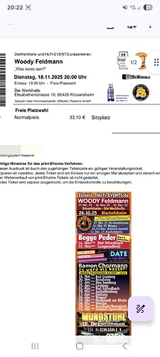 Ein Ticket für eine Comedy-Veranstaltung mit Woody Feldmann.