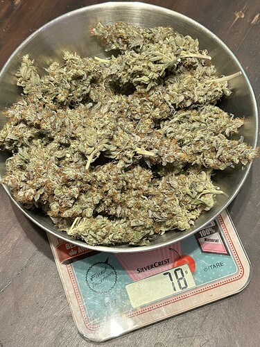 Eine Schüssel mit getrockneten Cannabis-Buds steht auf einer digitalen Küchenwaage, die 78 Gramm anzeigt.
