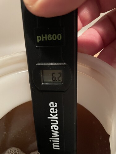 Ein Milwaukee pH600 Messgerät zeigt einen pH-Wert von 6.2 an, während es in eine braune Flüssigkeit getaucht ist.