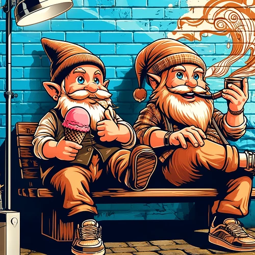 DALL·E 2024-04-26 22.03.26 - Create an image in a modern comic style with two dwarves sitting on a bench. The dwarf on the right is lighting a pipe with a playful expression, whil