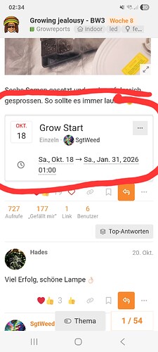 Ein Bild von einem Grow-Report, das den Beginn eines Grows mit dem Titel "Grow Start" am 18. Oktober zeigt. Es sind mehrere kleine Pflanzen in Anzuchtbehältern zu sehen.