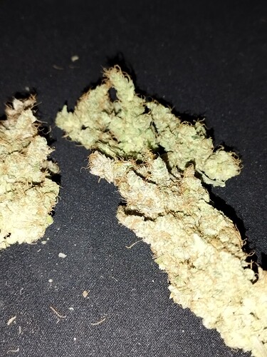 Nahaufnahme von zwei getrockneten Cannabis-Buds auf schwarzem Hintergrund.