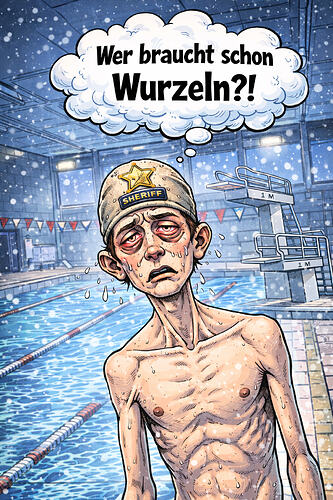 Eine Karikatur eines abgemagerten Mannes mit roten Augen und Schweißperlen auf der Stirn, der eine Mütze mit der Aufschrift "SHERIFF" trägt. Er steht in einem Schwimmbecken und denkt über die Worte "Wer braucht schon Wurzeln?!" nach.