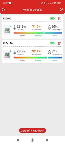 Screenshot einer mobilen App, die die Messwerte von zwei Growboxen anzeigt. Die obere Box (120x60) zeigt 28.9°C Temperatur, 31.6°C Wärme-Index und 65% Luftfeuchtigkeit. Die untere Box (120x120) zeigt 28.8°C Temperatur, 32.4°C Wärme-Index und 71% Luftfeuchtigkeit. Beide Boxen haben eine Anzeige für Trocken, Komfort und Feucht.