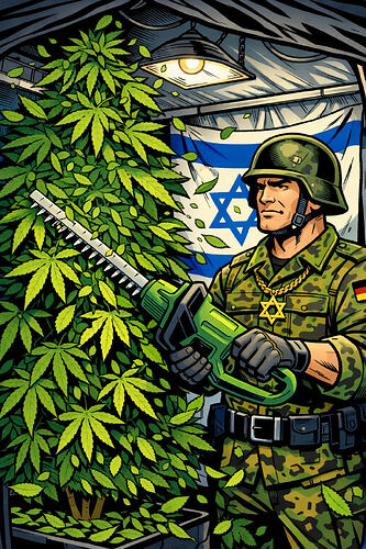 Ein Soldat in Tarnkleidung hält eine Heckenschere vor einer großen Cannabispflanze. Im Hintergrund hängt die israelische Flagge.