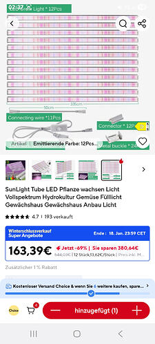 Ein Bild von mehreren LED-Pflanzenlampen, die als Streifen angeordnet sind. Die Lampen sind weiß und haben ein Muster aus roten und blauen Lichtern. Darunter sind Zubehörteile wie Verbindungskabel und Stecker abgebildet. Der Text auf dem Bild beschreibt die Produkte als 'SunLight Tube LED Pflanze wachsen Licht' und gibt Details zu Preis und Verkauf an.