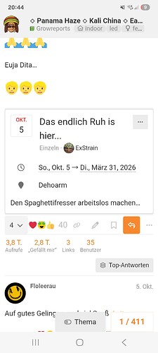 Screenshot eines Beitrags auf Growreports mit dem Titel 'Panama Haze ◇ Kali China ◇ Ea...', der eine Nachricht 'Das endlich Ruh is hier...' und ein Datum von Oktober 5 bis März 31, 2026 enthält.