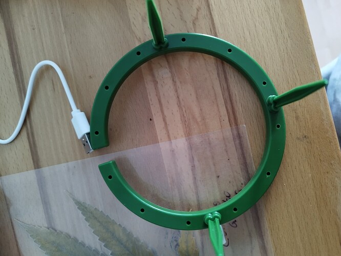 Ein grüner Bewässerungsring mit einem USB-Kabel, das an einem Ende angeschlossen ist, liegt auf einem Holztisch. Der Ring ist in zwei Hälften geteilt und hat mehrere kleine Löcher entlang des inneren Randes.