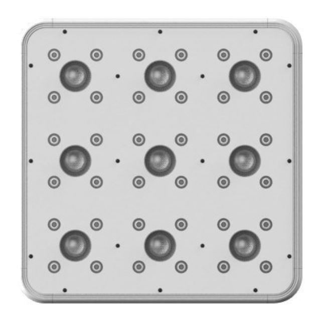 Nahaufnahme einer LED-Pflanzenlampe mit neun runden Lichtmodulen, angeordnet in einem 3x3-Raster.