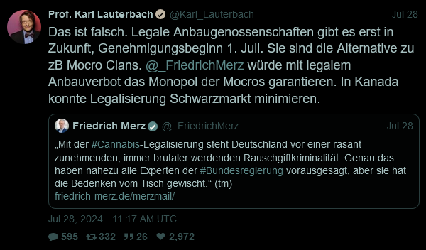 Screenshot 2024-07-30 at 19-11-54 Prof. Karl Lauterbach (@Karl_Lauterbach) Das ist falsch. Legale Anbaugenossenschaften gibt es erst in Zukunft Genehmigungsbeginn 1. Juli. Sie sind die Alternative zu zB Mocro Clans. @_Friedric...