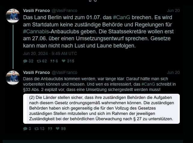 Screenshot 2024-06-22 at 18-50-41 Vasili Franco (@VasiFranco) Das Land Berlin wird zum 01.07. das #CanG brechen. Es wird am Startdatum keine zuständige Behörde und Regelungen für #Cannab...