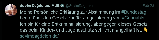 Screenshot 2024-09-25 at 18-42-33 Sevim Dağdelen MdB (@SevimDagdelen) Meine Persönliche Erklärung zur Abstimmung im #Bundestag heute über das Gesetz zur Teil-Legalisierung von #Cannabis. Ich bin für eine Entkriminalisierung ab...