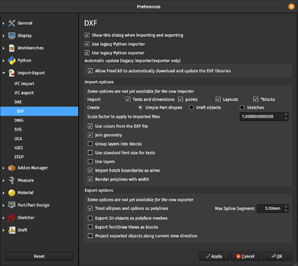 FreeCAD DXF import dialog