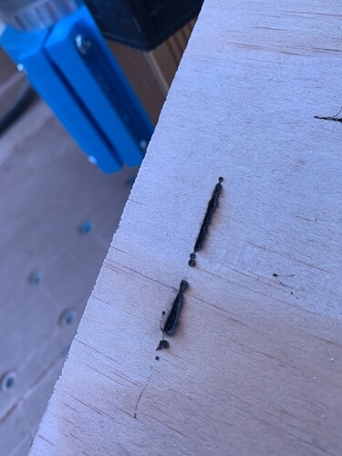A sample of some burns on 5cm fiberboard