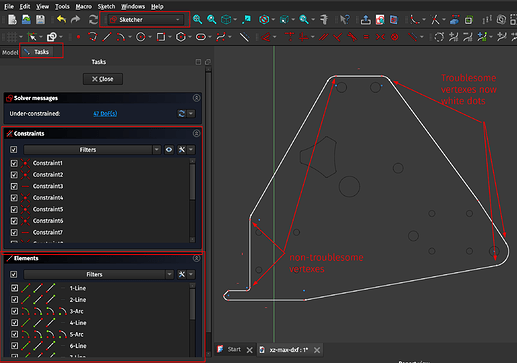 Entering the sketch object to manually fix troublesome vertexes