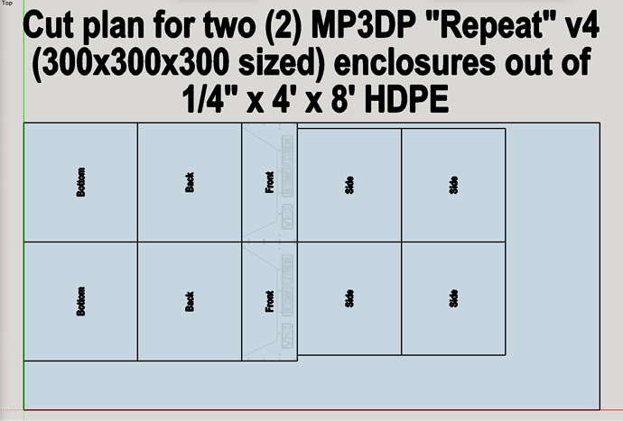 Cut plan for two (2) MP3DP "Repeat" v4 (300x300x300 sized) enclosures out of 1:4" x 4' x 8' HDPE