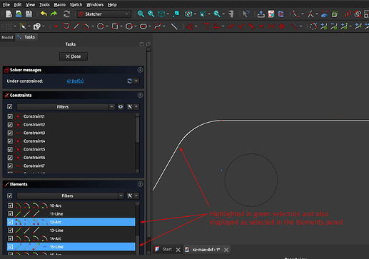 Selection which we can then fix with Sketcher constraints tools