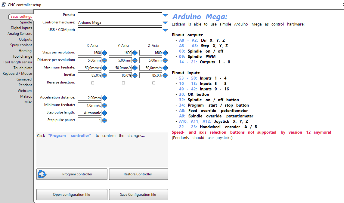 CNC controller settings