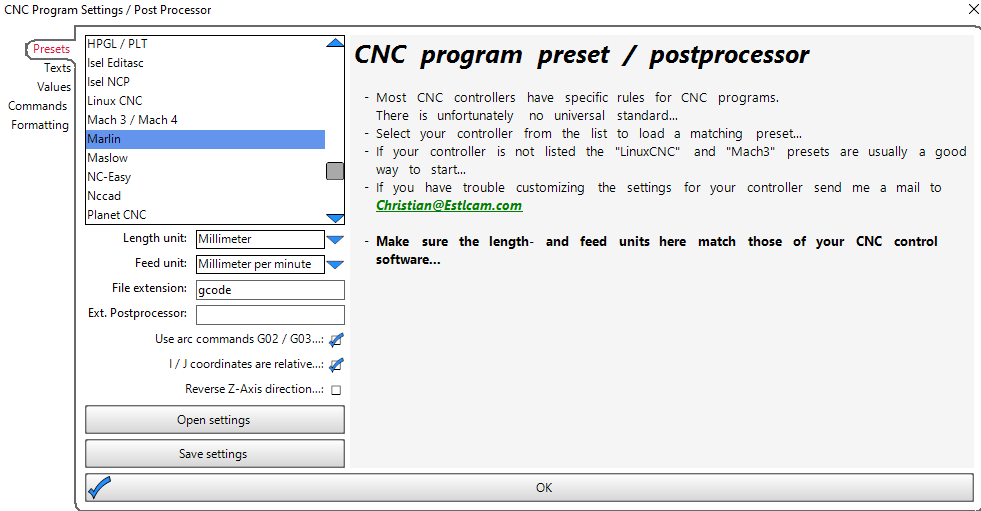 CNC program settings